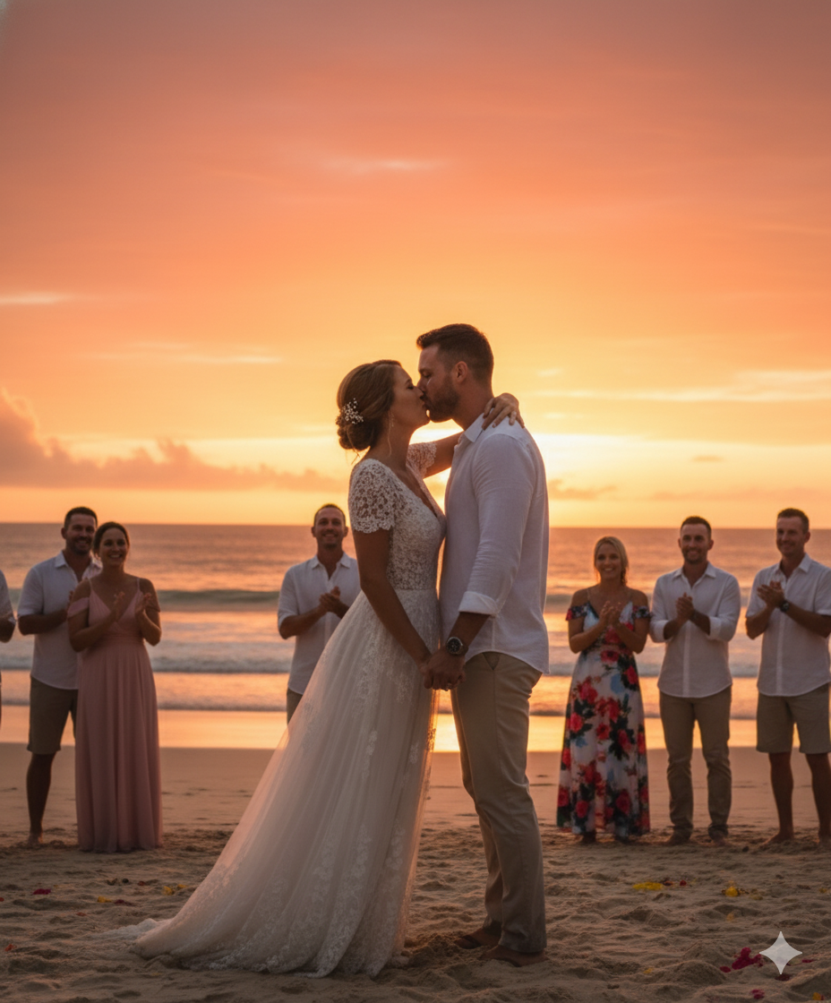 Novios riendo después del 'Sí, acepto' en la playa
